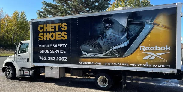 Chet's Shoes mobile safety shoe service truck with Reebok graphics
