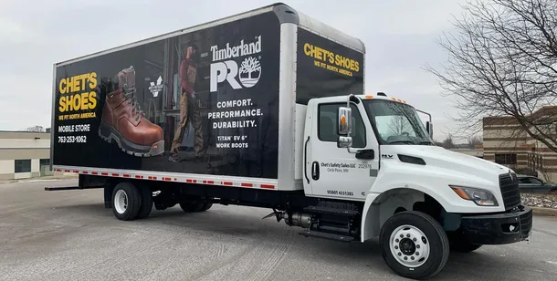 Chet's Shoes mobile safety shoe service truck with Timberland PRO graphics